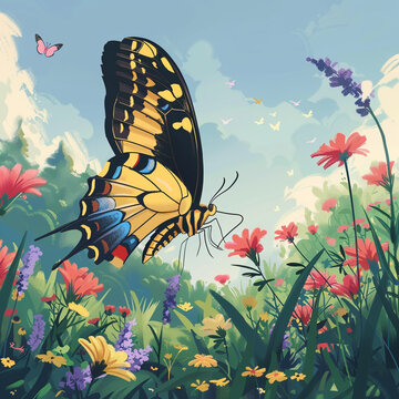 asthetic cartoon pic of a butterfly in a beautifl garden