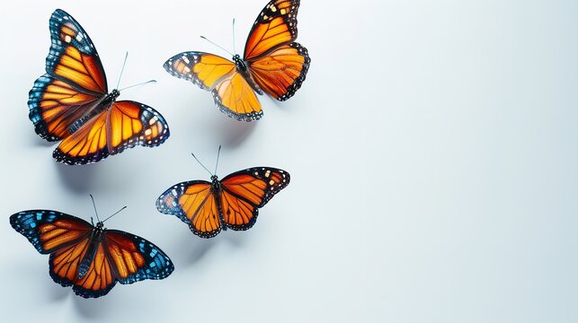 Lots of butterflies sitting on clean white backdrop a 3D concept with big space for text or product advertisement, Generative AI.