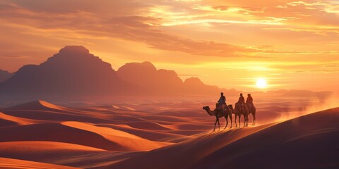 A serene image capturing a camel caravan moving through expansive sand dunes against a vivid sunset background, evoking adventure and tranquility