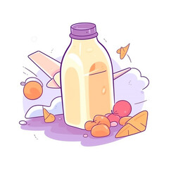 asthetic cartoon pic of a juice bottle,plane creamy white background