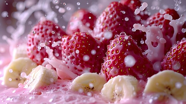 Close-up of a dynamic image with pink milk in creamy tones and white with strawberry and banana. Splashes of milk with strawberry and banana in a culinary delight.