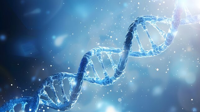 A DNA double helix floating in space, with blue and white tones, light background. For hospitals, healthcare, pharmaceuticals, genetic testing, CDMO, CRO