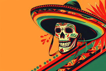 Day of the dead background with Skull mask, Mexican hat and flowers.ai background