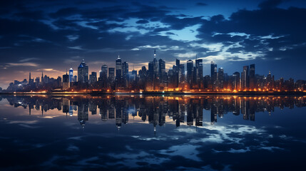 Fototapeta premium Panoramic view of the city on the horizon, with reflection on the ground at sunset