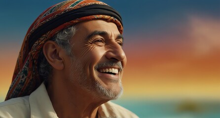 young middle eastern elderly man on plain bright colorful background laughing hysterically looking at camera background banner template ad marketing concept from Generative AI