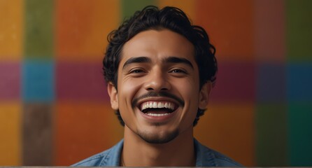 young mexican man on plain bright colorful background laughing hysterically looking at camera background banner template ad marketing concept from Generative AI