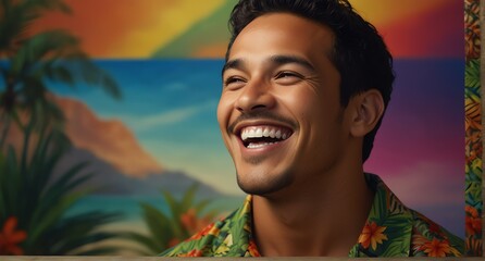 young native hawaiian man on plain bright colorful background laughing hysterically looking at camera background banner template ad marketing concept from Generative AI - obrazy, fototapety, plakaty
