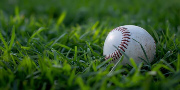 This image captures a weathered white baseball with red stitching resting on the lush green grass, providing a strong and vivid background