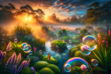 Obraz na płótnie Canvas Sunrise Majesty: Misty Lake and Iridescent Bubbles
