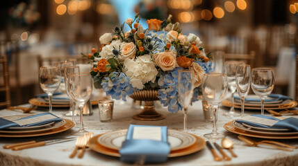 Elegant wedding table setting wedding decoration inspiration Blue and gold tablescape with flowers Elegant table setting ideas evening wedding. 