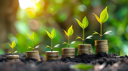 A row of coins, growing plants on top, symbolizing financial growth and ecofriendly wealth management in the style of green business concept.  - obrazy, fototapety, plakaty