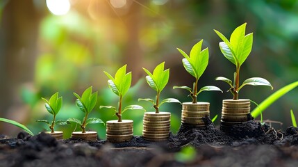 A row of coins, growing plants on top, symbolizing financial growth and ecofriendly wealth management in the style of green business concept.  - obrazy, fototapety, plakaty