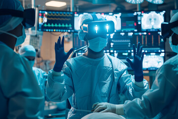 A scientist wearing VR headset is working a laboratory