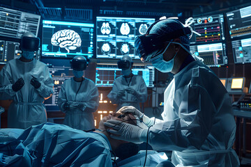 A scientist wearing VR headset is working a laboratory