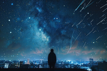 A person standing on a rooftop, looking up at a starry sky filled with shooting stars and city lights
