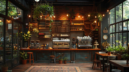 a nice cozy coffee shop, modern, elegant joyfull mood