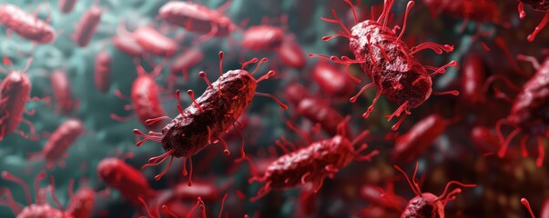 Macro red color of bacteria in 3D illustration  - obrazy, fototapety, plakaty