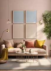 Bright and Welcoming Living Room Interior with a Sofa, Armchair, Table Adorned with Tulips, Poster Frame, Wooden Coffee Table, Round Pouf, Beige Sideboard, Pitcher, and Cup.