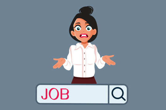 Clueless Woman Looking for a Job Online Vector Illustration. Stressed jobless girl trying to find hiring opportunities 

