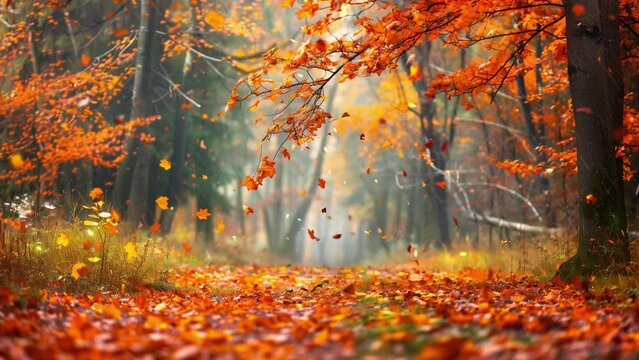 beautiful autumn park with orange falling leaves. seamless looping overlay 4k virtual video animation background