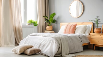 Scandinavian design Interior of bedroom with a wooden bed, beige and white bedding, a round mirror, a window and a potted plants. Calm and pastel palette