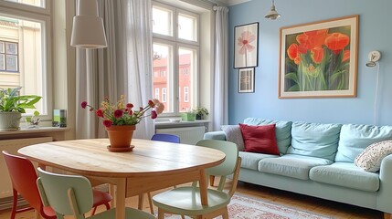 Compact interior design for a small room light-colored living room with a blue wall and sofa, with a circle wooden dining table and chairs. With paintings on the wall