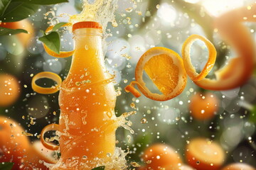 orange juice bottle with orange farm background - 787771309