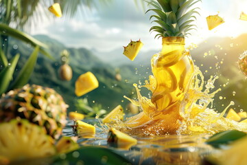 pineapple juice bottle with farm background - 787771321