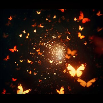 Image for dark tunnel background There is a group of glowing butterflies flying in groups-2