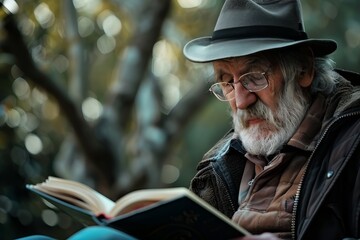 Old man reading books in a room full of books or a library
