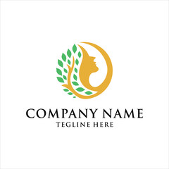 Vector Illustration of Green and Leaf Beauty Logo Sign in green color on white background with young woman silhouette face, design inspiration, vector