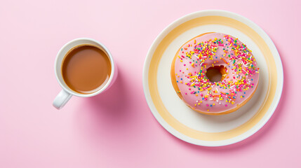 Pop of color for a morning treat with coffee and a sprinkle donut. - 787774114