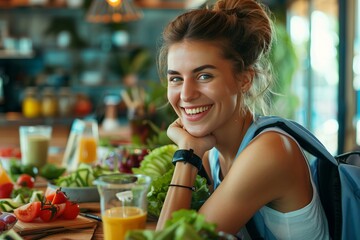 person in a table full of vegetables and fruits , healthy food, healthy lifestyle, wellness	 - obrazy, fototapety, plakaty