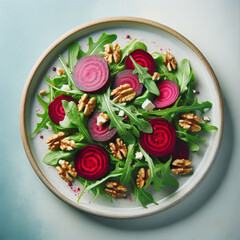 Beetroot and arugula salad topped with walnuts and goat cheese on a plate - 787774516