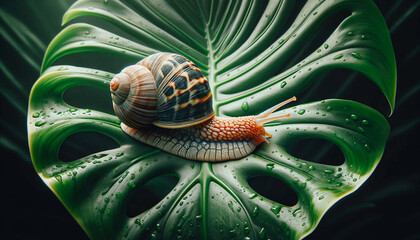 Colorful snail traverses the broad surface of a green leaf dotted with raindrops. - 787774720