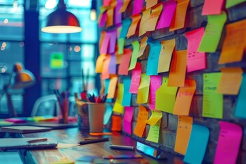 Creative agency workspace vibrantly adorned with colorful sticky notes for project planning