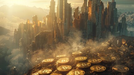 Futuristic cityscape at dusk with golden bitcoins in the forefront, hinting at the finance-tech crossover - obrazy, fototapety, plakaty