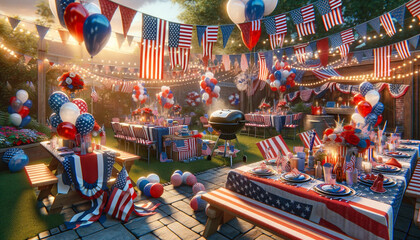 4th of July holiday decor. red, white, and blue banners, American flags, balloons, and streamers