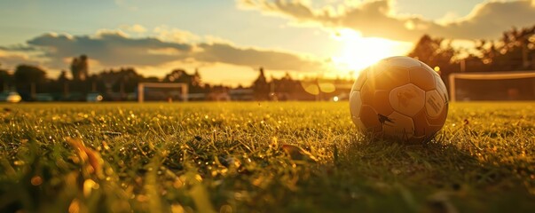 Football in the sunset in soccer field - obrazy, fototapety, plakaty
