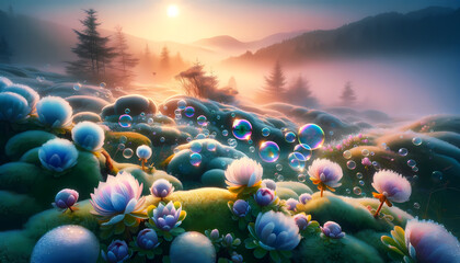 Morning Serenade: Shimmering Bubbles Over Dewy Meadow - obrazy, fototapety, plakaty