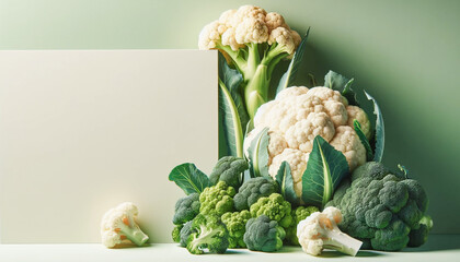 Banner-sized image for product photography of a cauliflower and broccoli on light green background with copy space for the text - 787775321