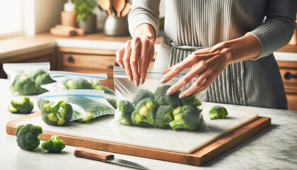 Woman hands packing fresh broccoli into a zip-lock bags. Broccoli freshly cut, and ready to be stored. - 787775328