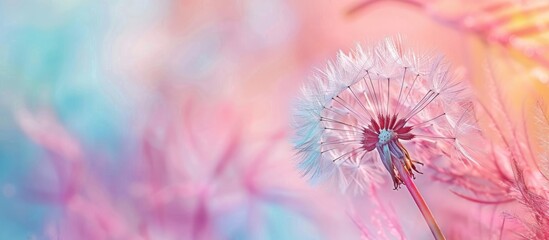 Vibrant abstract dandelion flower against a colorful pastel backdrop, captured in extreme closeup with a gentle blur, showcasing intricate natural elements and a minimal depth of field.