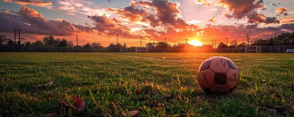 Football in the sunset in soccer field