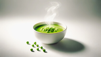 A bowl of hot pea soup with a garnish and scattered peas on the table. - 787775382