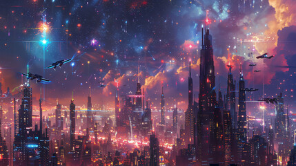 Futuristic Night City: Neon Lights, Flying Cars, Skyscrapers