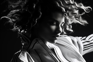 Monochrome portrait of a young woman with curly hair in dynamic motion