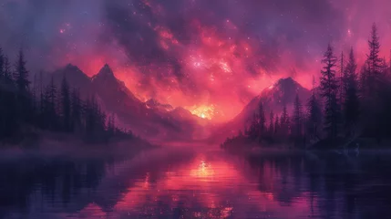 Wandaufkleber Sunset Over Mountain Lake © easybanana