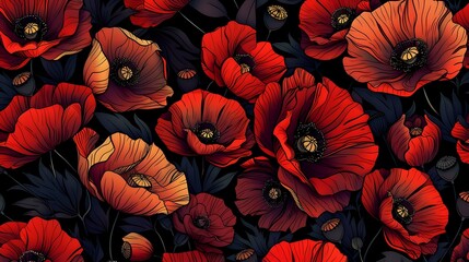 Detailed red poppy pattern with deep black and gold accents