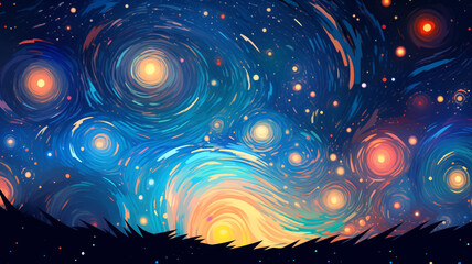 Hand drawn cartoon outdoor beautiful night sky abstract artistic illustration background
 - obrazy, fototapety, plakaty